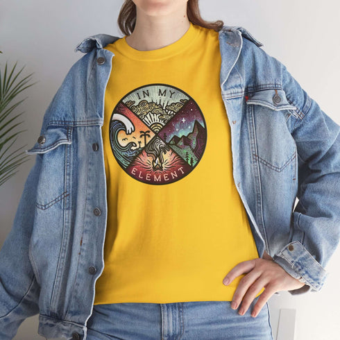 The In My Element t-shirt features a striking circular graphic representing the four classical elements—Fire, Water, Wind, and Earth.